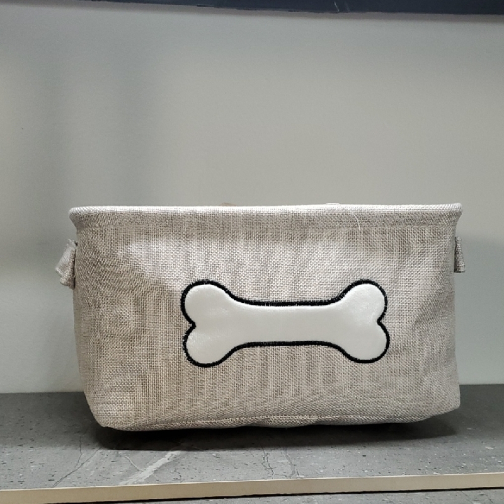 Pet Toy Organizer Basket - Beige with White Bone